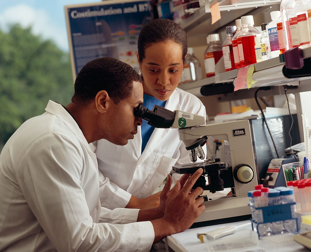 Especialistas estudiando una biopsia al microscopio en el laboratorio de patología
